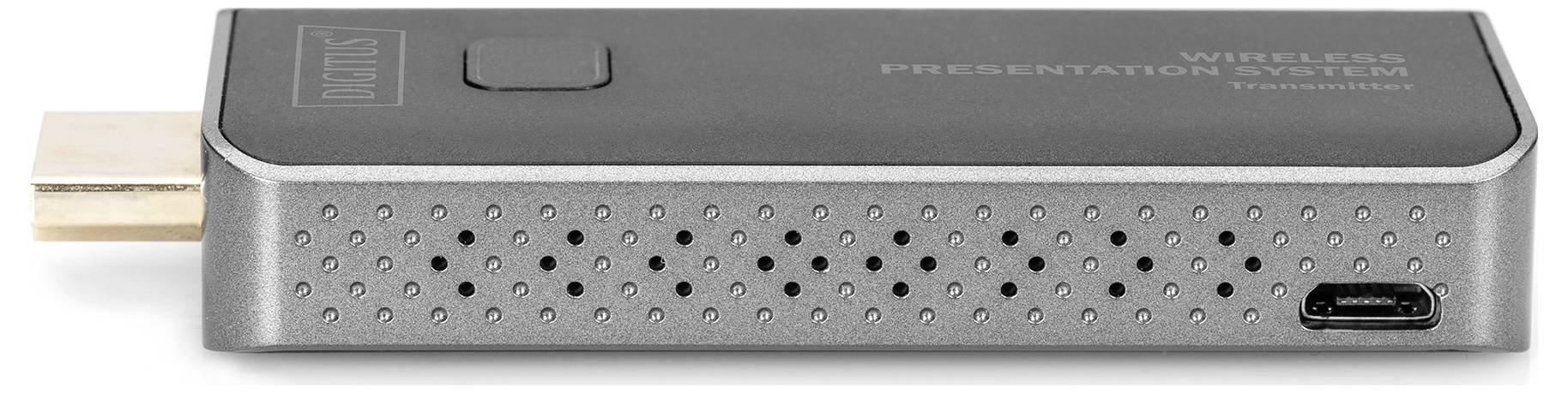 Bezdrátový prezentační systém s HDMI portem a USB kabelem, vhodný pro bezdrátový přenos obrazovky z různých zařízení.