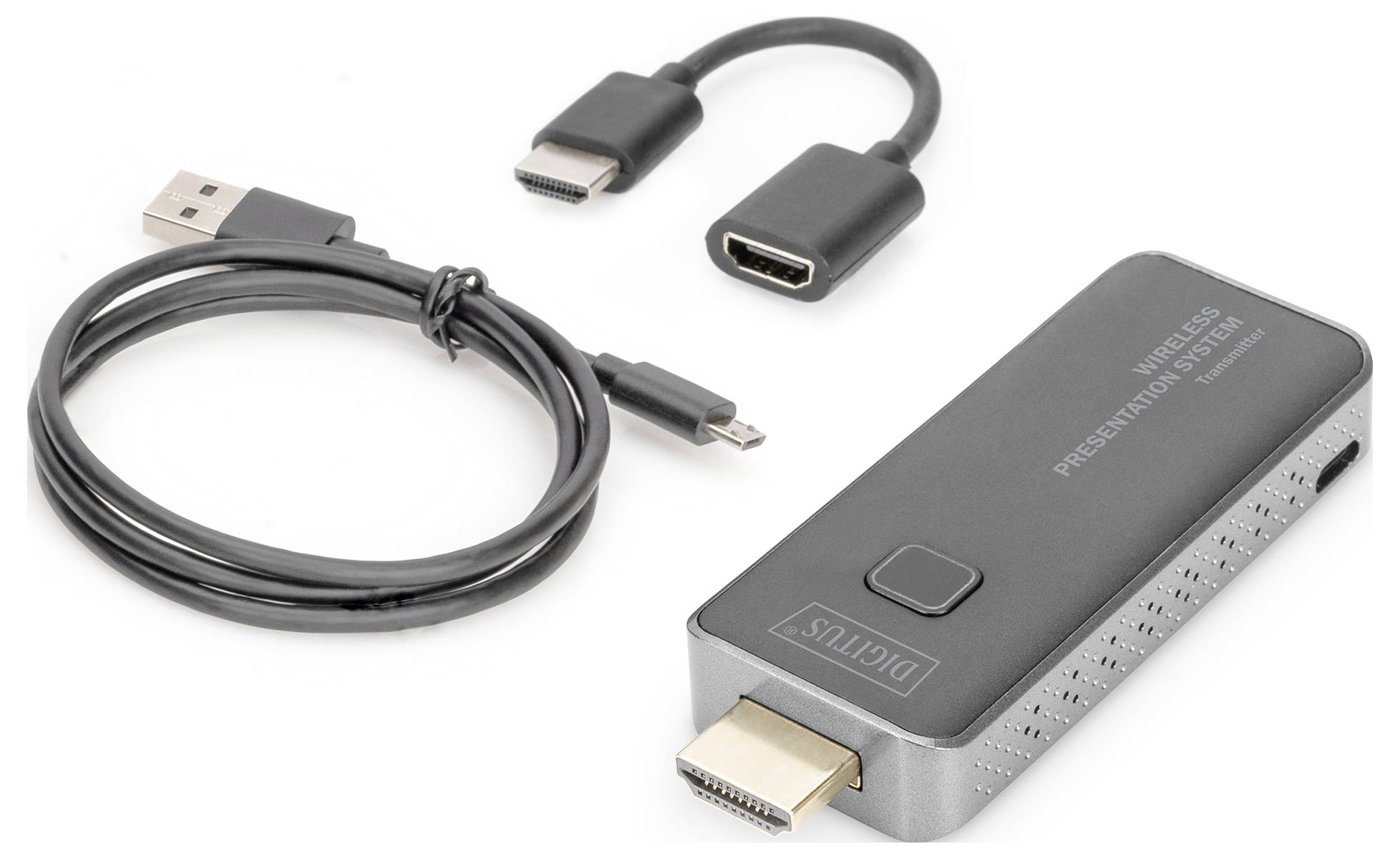 Bezdrátový prezentační adaptér s HDMI připojením, USB kabelem a HDMI adaptérem, určený pro propojení zařízení při prezentacích.