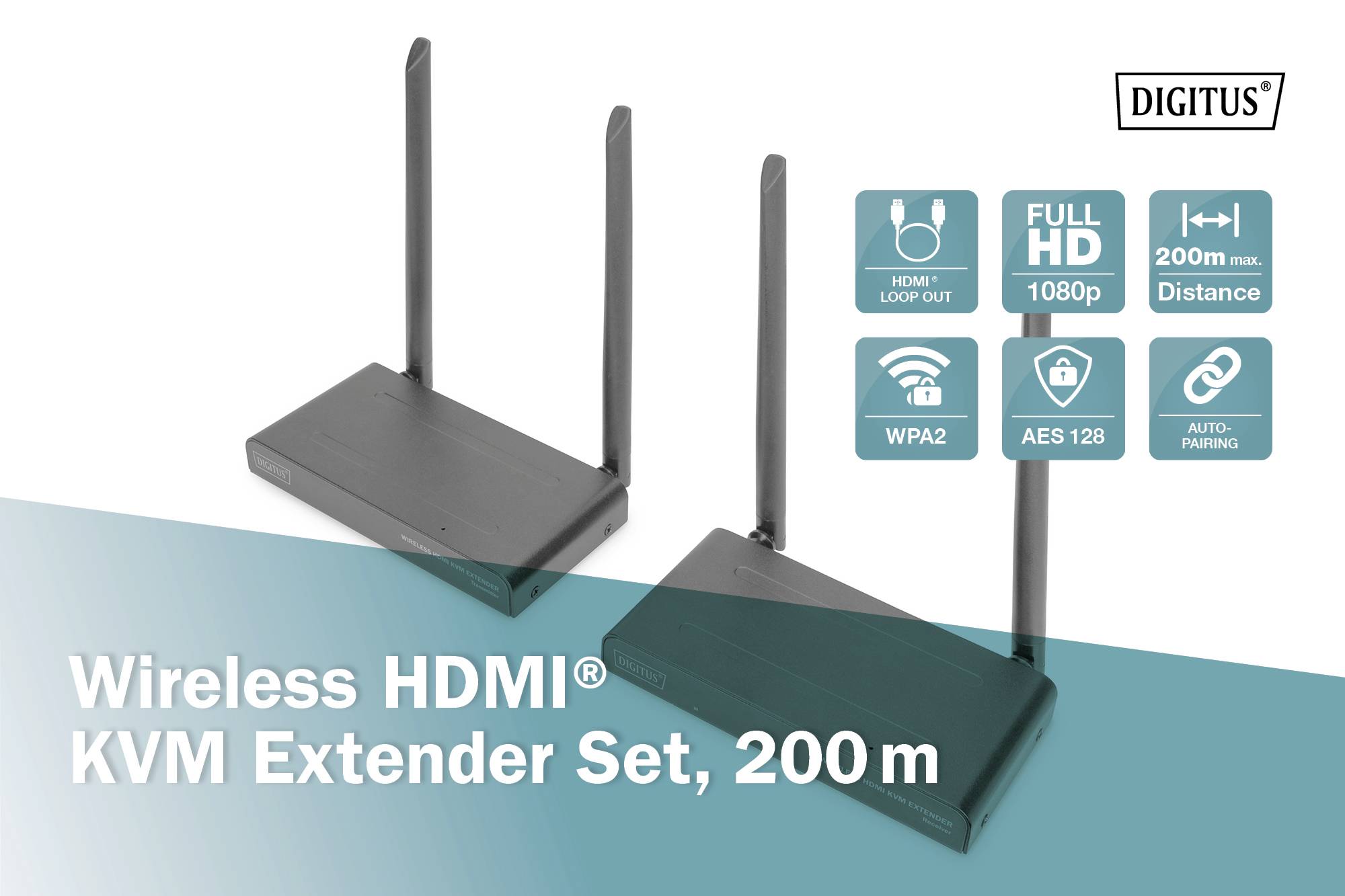 "Bezdrátový HDMI KVM Extender Set, 200 m". Dvě černá zařízení se vzpřímenými anténami. Symboly: HDMI, 1080p, dosah 200 m, WPA2, AES 128, automatické párování.