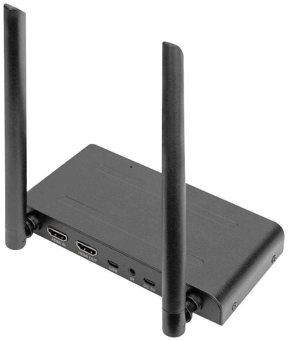 Černé zařízení se dvěma anténami, dvěma HDMI porty, síťovým připojením a dalšími konektory, vhodné pro digitální přenosy.