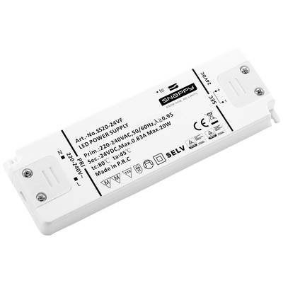 Napájecí zdroj pro LED osvětlení, model SS20-24VF, vstupní rozsah 220-240V, výstup 24V, maximální výkon 20W, od značky Snappy.