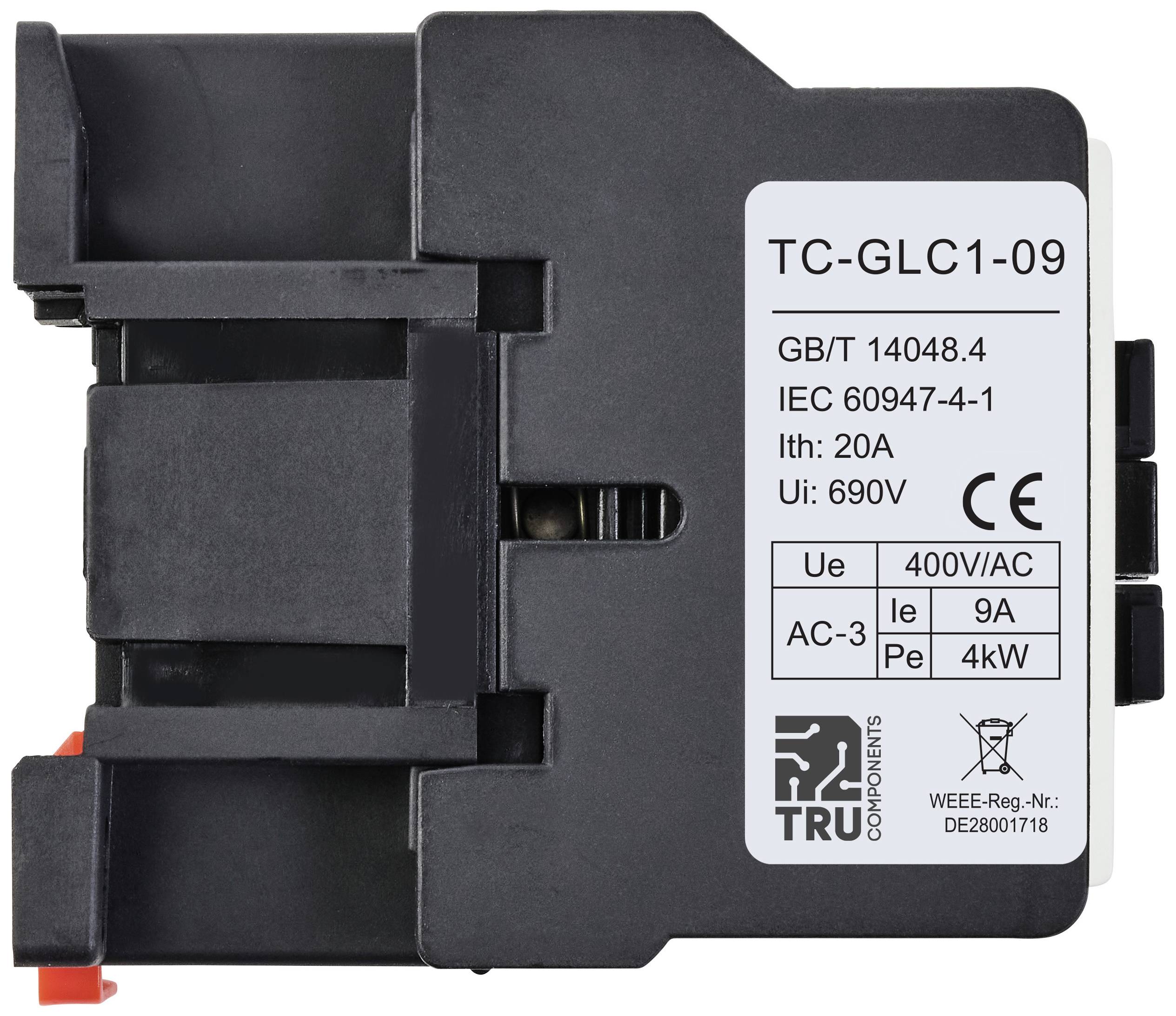 Černý elektronický komponent s bílým štítkem. Štítek zobrazuje specifikace: 'TC-GLC1-09', proudová hodnota 20A, napětí 690V, normy IEC 60947-4-1.