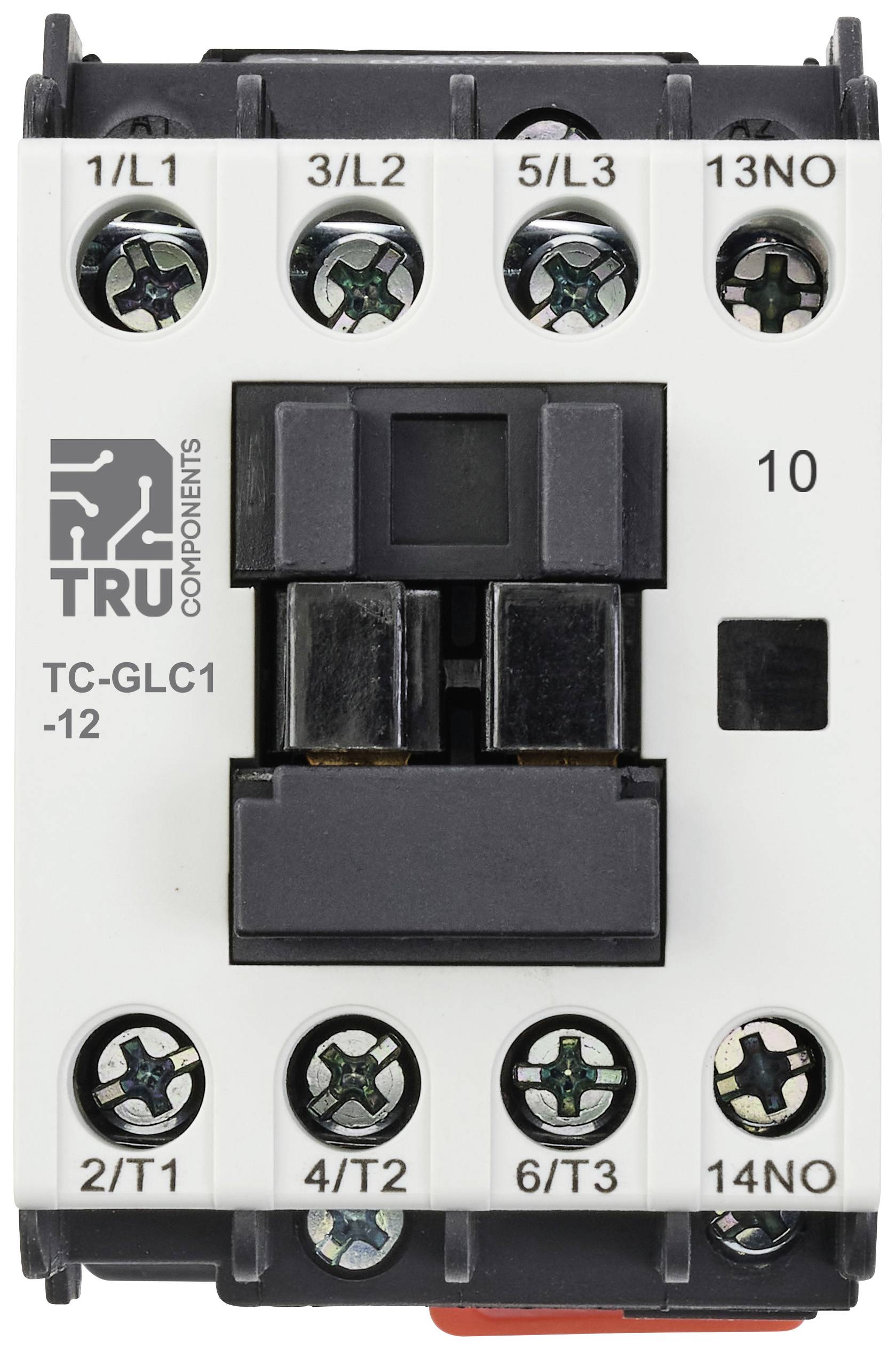 Elektrický stykač s popiskami svorek a spínacích označení, model 'TC-GLC1-12', namontovaný na povrchu.