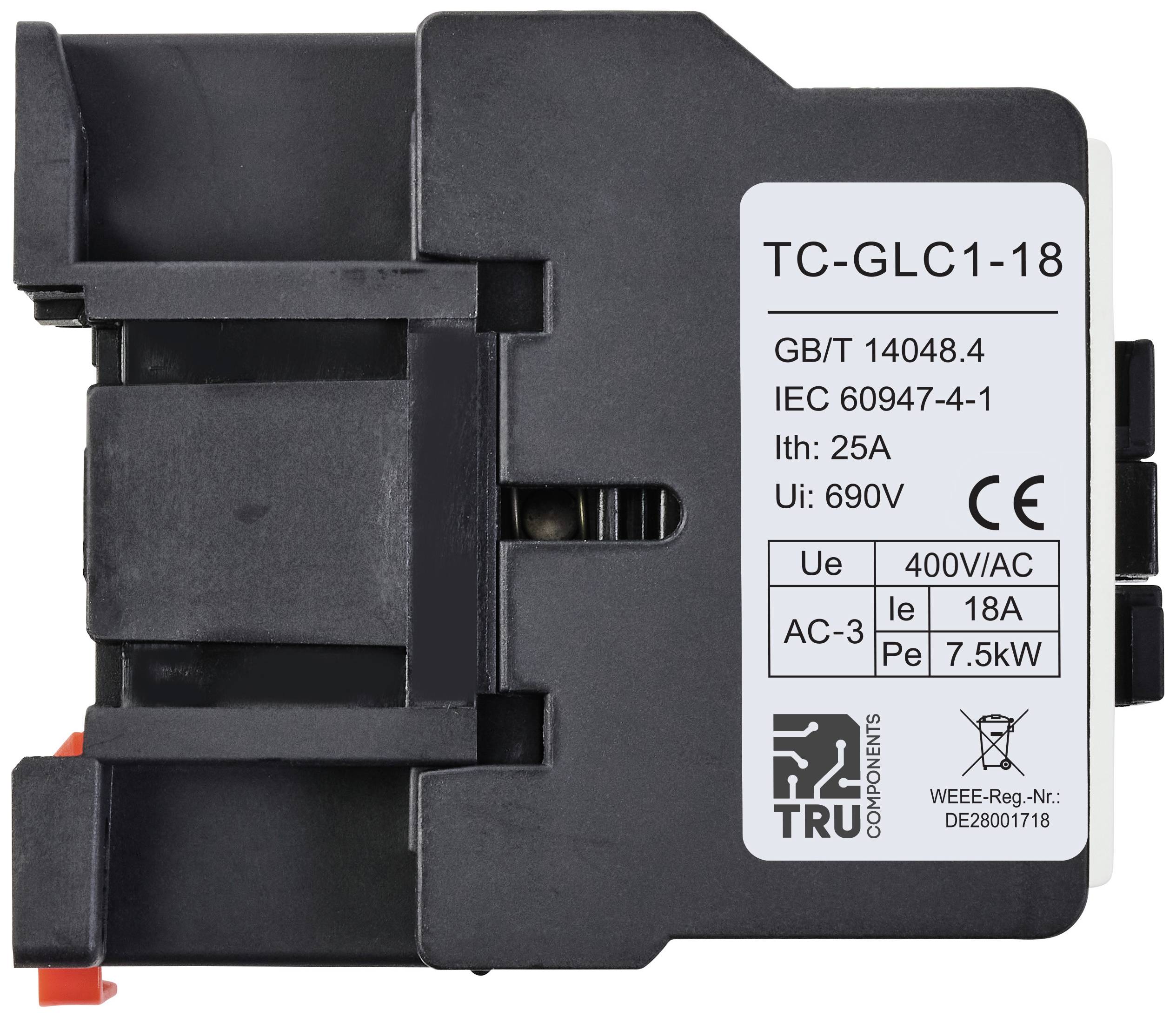 Černý ochranný spínač s nápisem 'TC-GLC1-18', specifikace: 25A, 690V, Max 18A, 7,5kW, normy GB/T 14048.4, IEC 60947-4-1.