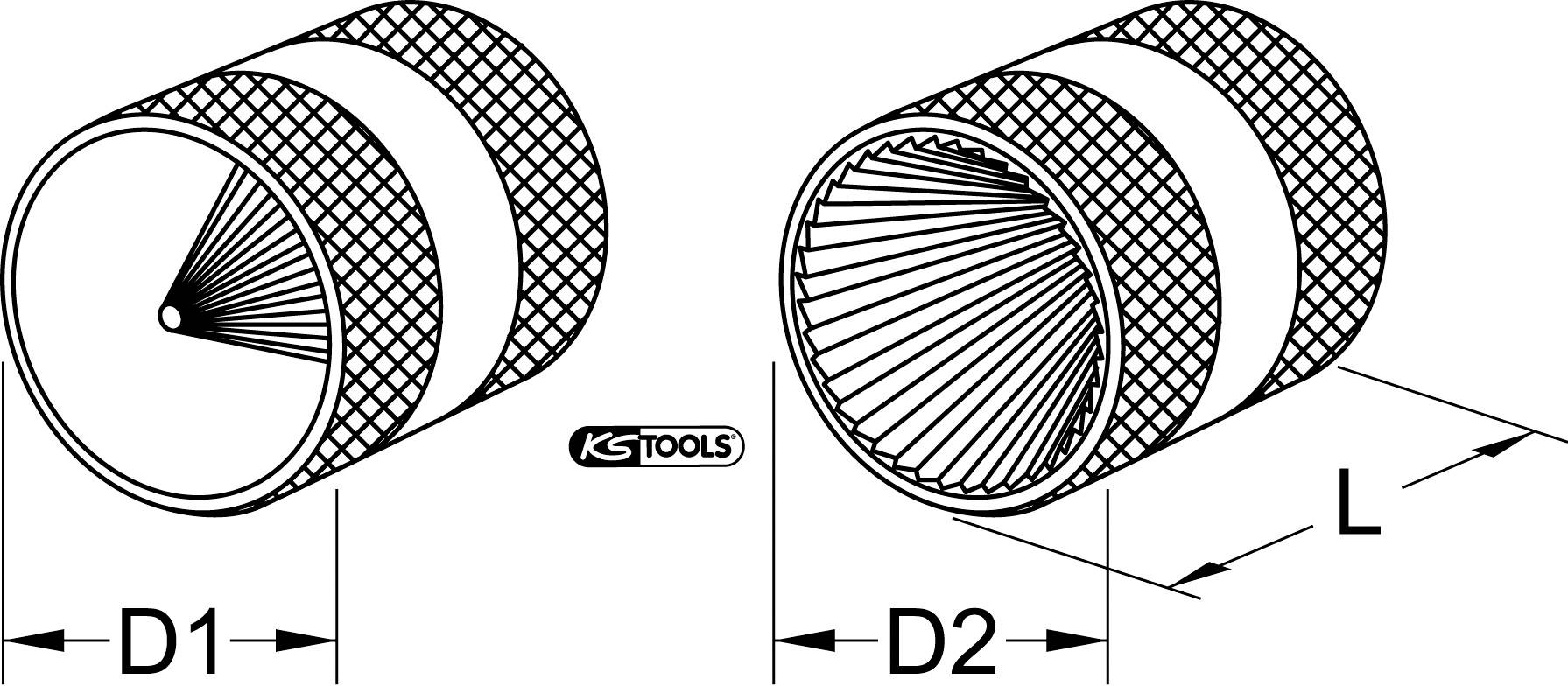 Dva válcové kartáče, jeden o rozměru 'D1' a druhý o rozměru 'D2'. Oba mají délku 'L'. Štítek: KS Tools.