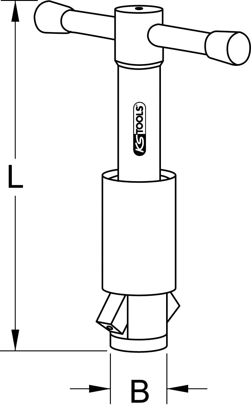 Ilustrace nástroje s nápisem 'KS Tools'. Má tvar T-rukojeti se základnou. Délka a šířka jsou vyznačeny.