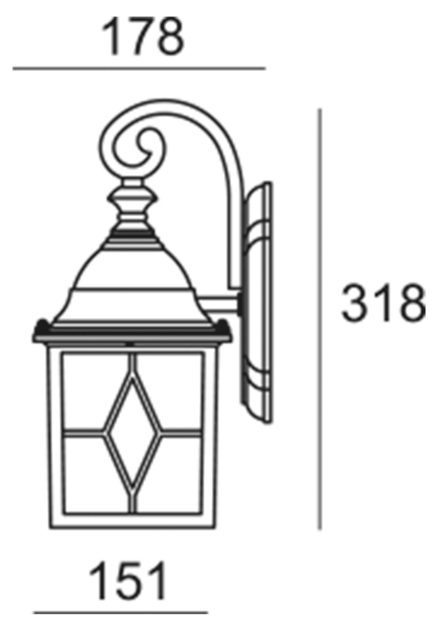 Venkovní nástěnná lampa s náčrtem. Rozměry jsou 178 mm na šířku, 318 mm na výšku a 151 mm do hloubky.