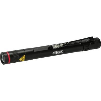 Černá svítilna s červeným kroužkem a sponou. Označení 'KSTools' a symbol laseru varují před laserovým paprskem.