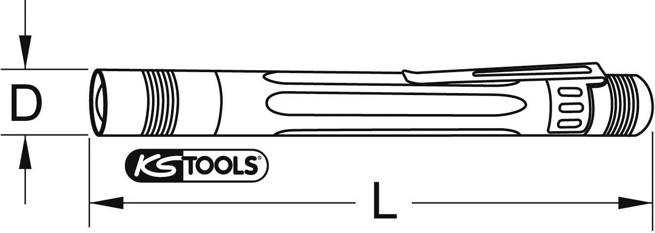 Obrázek pera s klipem, označení D pro délku a Š pro šířku. Logo 'KS TOOLS' vedle pera.