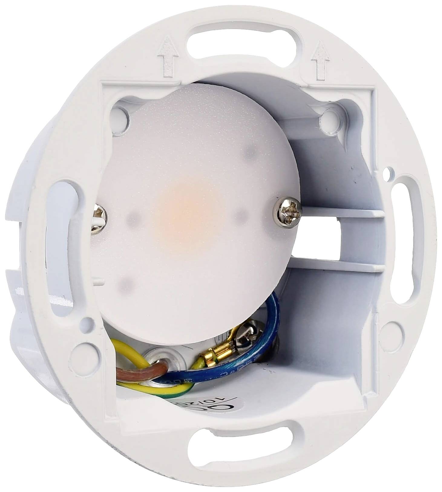 Kulatý bílý elektronický rozvodný box s viditelnými barevnými kabely a šrouby, vhodný pro montáž na stěnu.