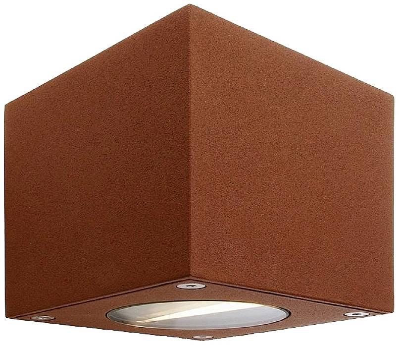 Kubické venkovní svítidlo v hnědém provedení s minimalistickým designem; osvětluje směrem dolů. Dokonalé pro moderní fasády rodinných domů.