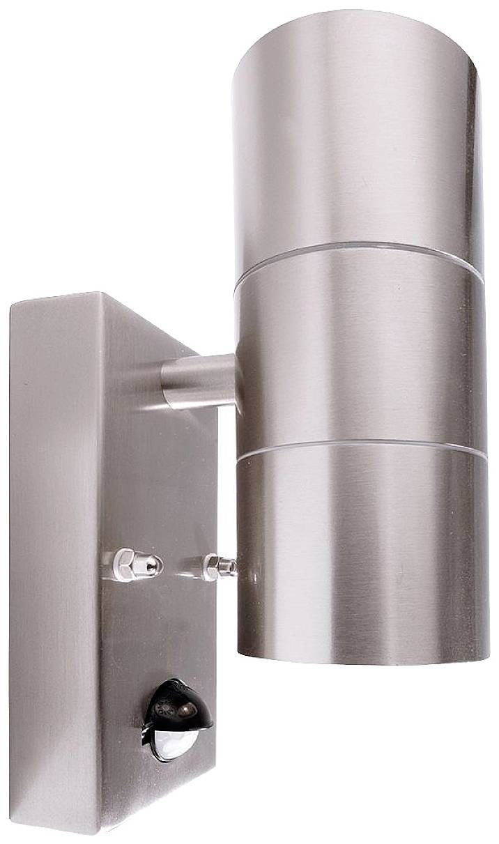 Venkovní nástěnné svítidlo z nerezové oceli s válcovitým tělem a pohybovým senzorem na spodní straně. Moderní design.
