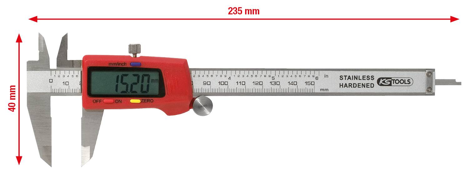 Digitální posuvné měřítko ukazuje naměřenou hodnotu '152,0 mm'. Celková délka posuvného měřítka je 235 mm a jeho výška je 40 mm.
