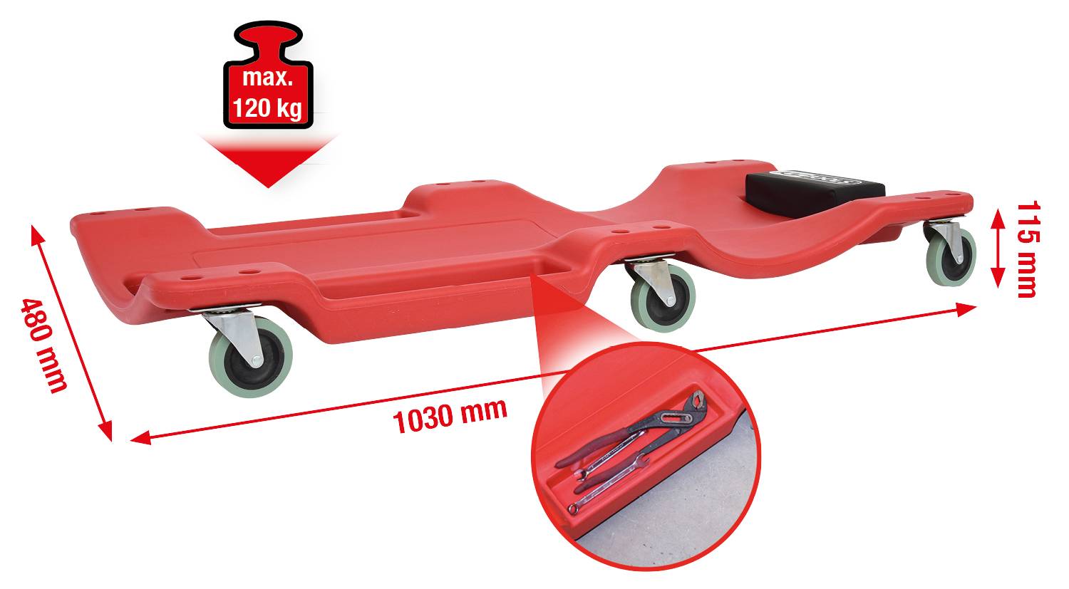 Červená mechanická lehátka s kolečky, max. nosnost 120 kg, rozměry: 1030 mm délka, 480 mm šířka, 115 mm výška. Úložný prostor pro nářadí.