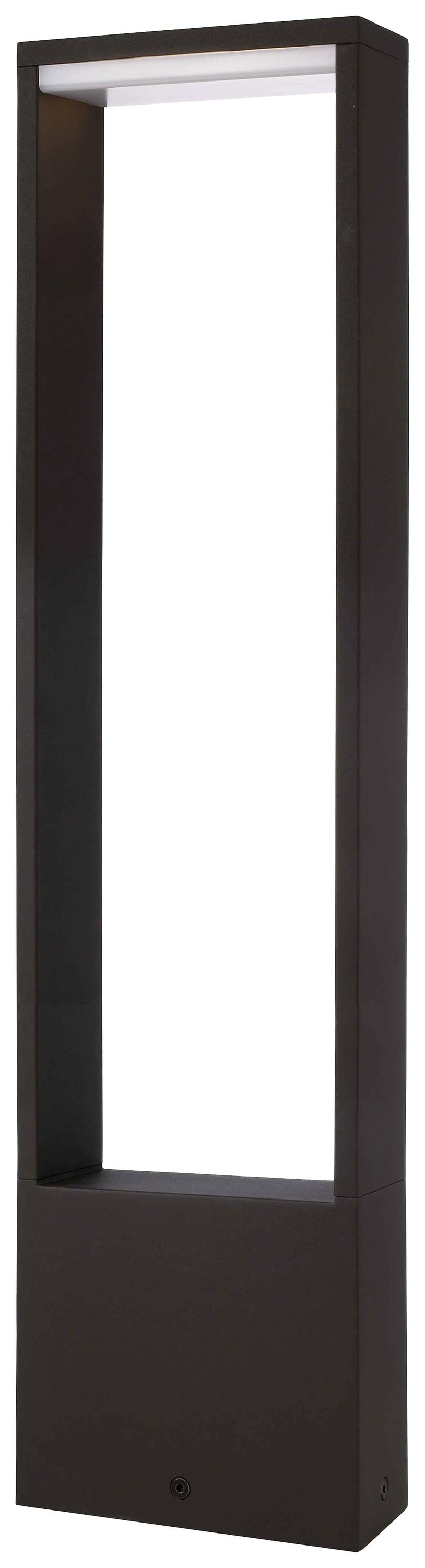 Obdélníková stojací lampa s otevřeným obdélníkovým rámem z tmavého kovu určená pro venkovní použití.