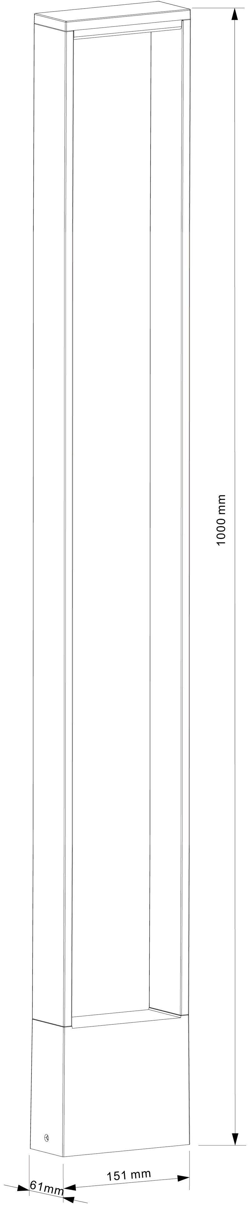 Technický nákres štíhlého, obdélníkového vertikálního objektu s rozměry: šířka 195 mm, výška 1000 mm. Minimalistický design.