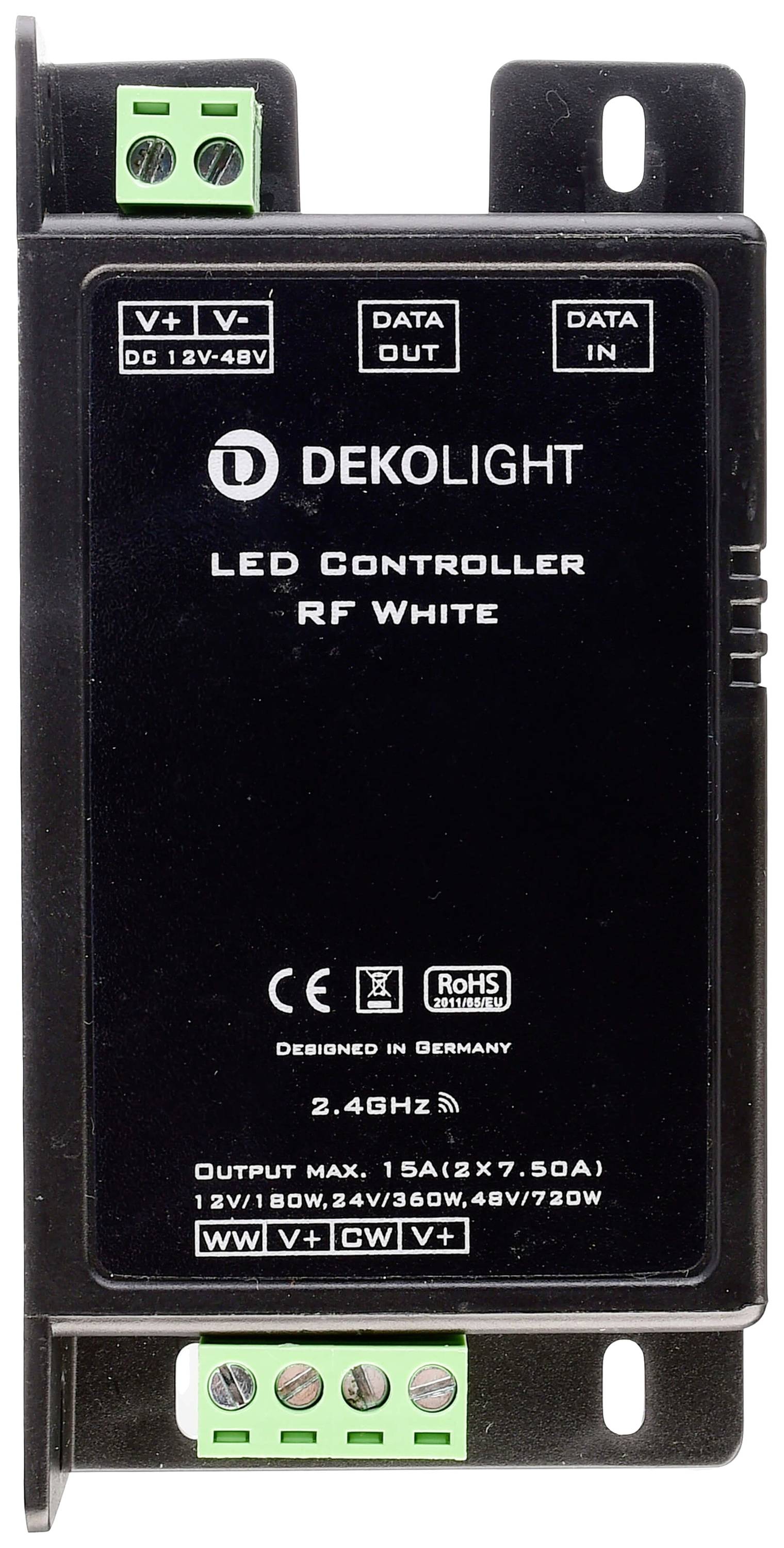 LED ovladač s RF funkcí. Název značky a technické údaje na přední straně. Podporuje napájecí napětí 12V-48V.
