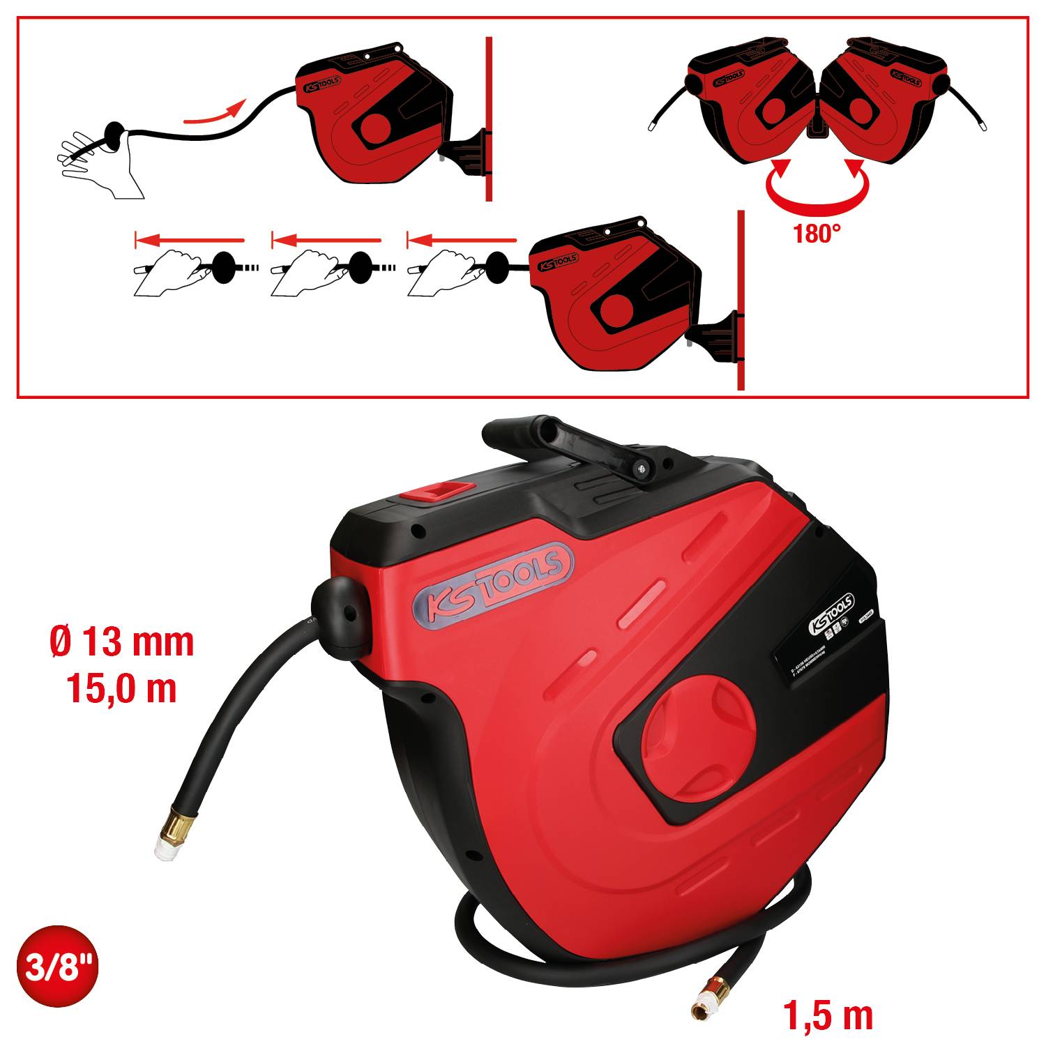 Automatický navíječ hadice od KS Tools, 15 metrů, Ø 13 mm, určený pro nástěnnou montáž s 180° otočným mechanismem.