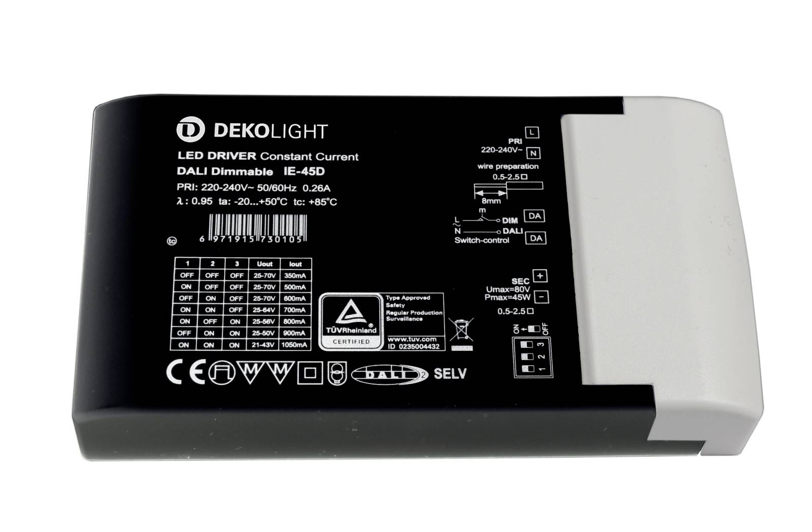 Černý LED driver s bílým víčkem od společnosti DekoLight, model IE-45D. Technické specifikace jsou vytištěny na přední straně.