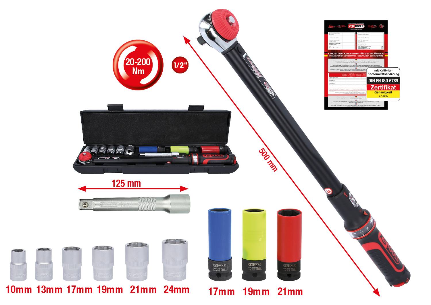 Sada momentového klíče s 1/2" pohonem, variabilním rozsahem momentu (20-200 Nm), nástrčnými klíči (10-24 mm) a prodloužením, dlouhá 500 mm.