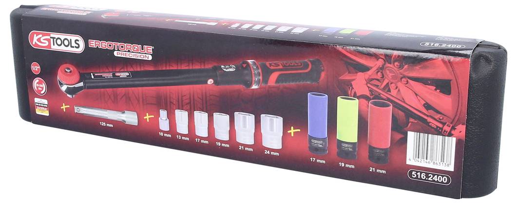 Balení momentového klíče od KS Tools, s 1/2" náhonem, obsahující sedm barevně kódovaných nástavců, modelové číslo 516.2400.