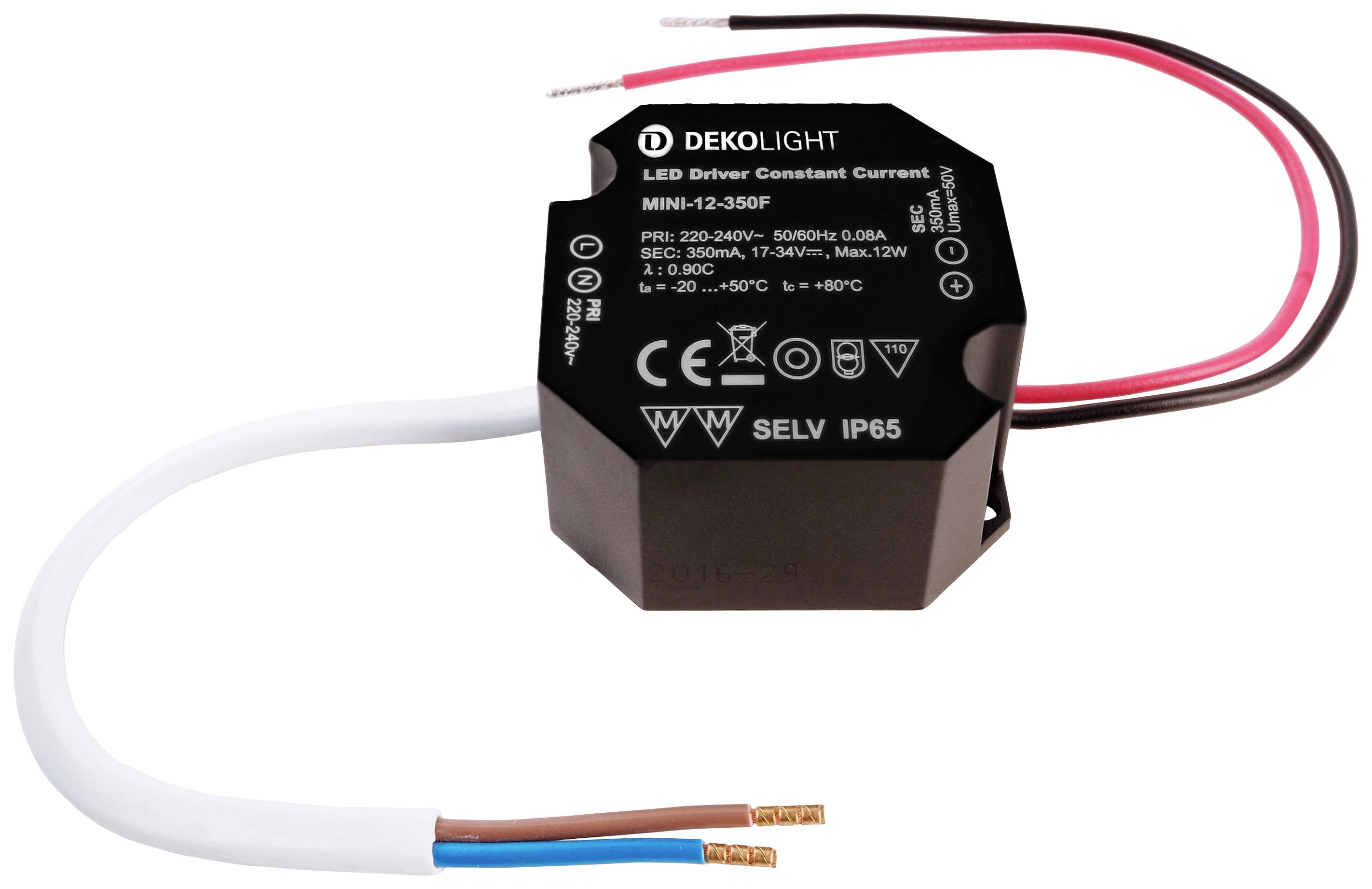 LED driver DEKOLIGHT, konstantní proud, MINI-12-350F, černý, IP65, 350mA, max. 12W, vhodný pro 220-240V a 50/60Hz. Dva připojovací kabely.