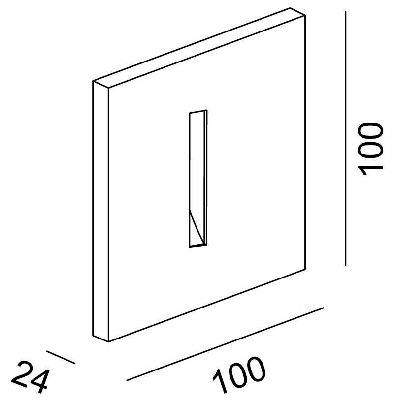 Kresba obdélníkového hranolu o rozměrech 24 x 100 x 100 mm, zobrazující centrální prohlubeň.