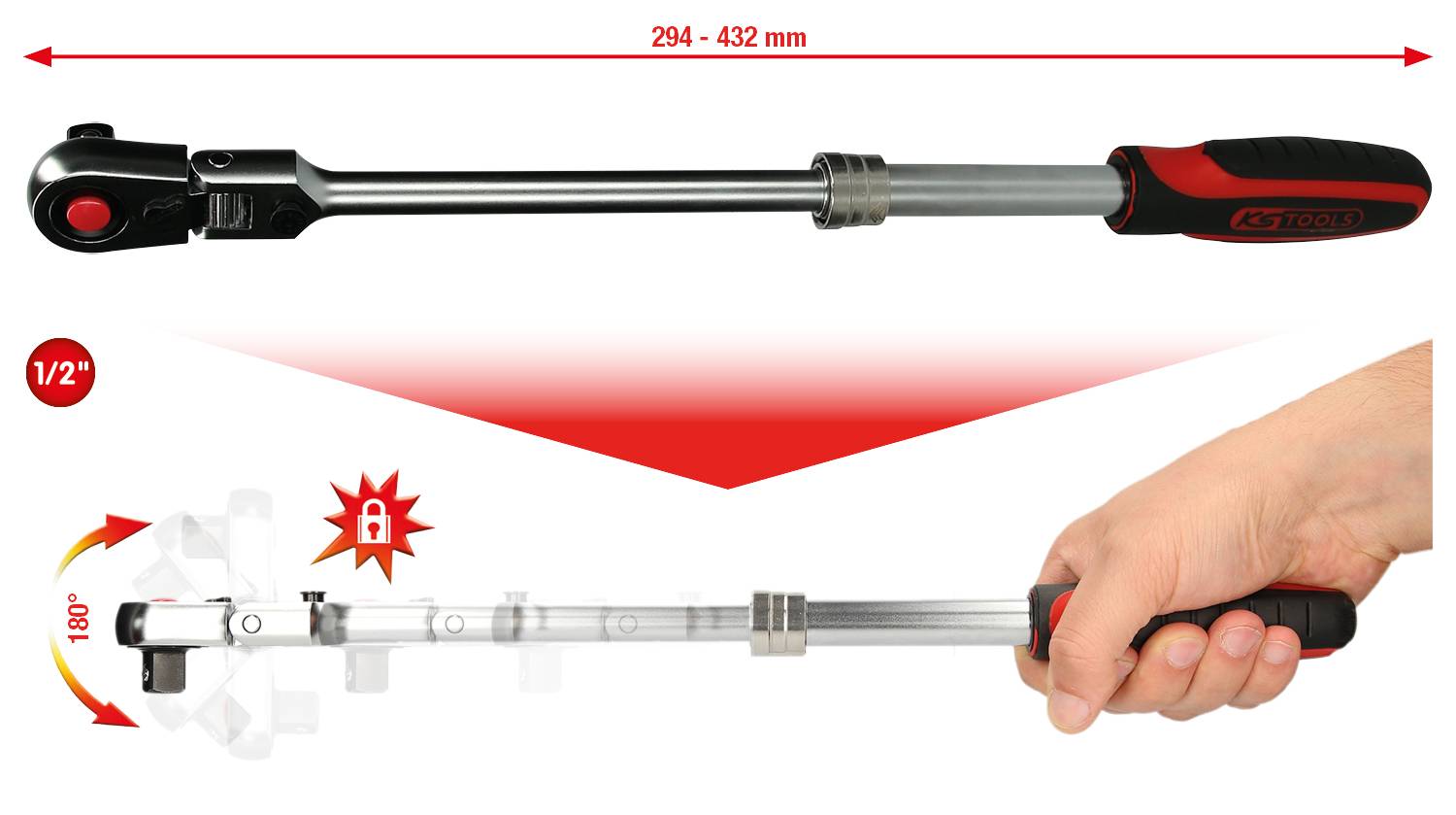 Momentový klíč s nastavitelnou délkou od 294 do 432 mm, 1/2palcový pohon, 180° otočná funkce, červené aretační tlačítko.