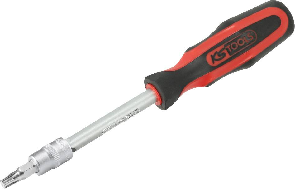 Šroubovák s červenou ergonomickou rukojetí a stříbrným hrotem, vhodný pro šrouby Torx.