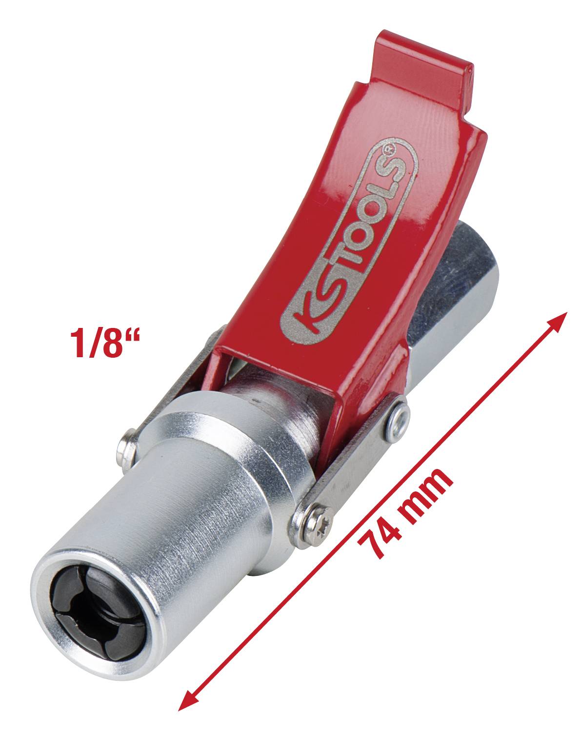 Stříbrný nástroj s červeným pákovým mechanismem a logem 'KSTools'. Velikost: 74 mm dlouhý, průměr 1/8 palce.