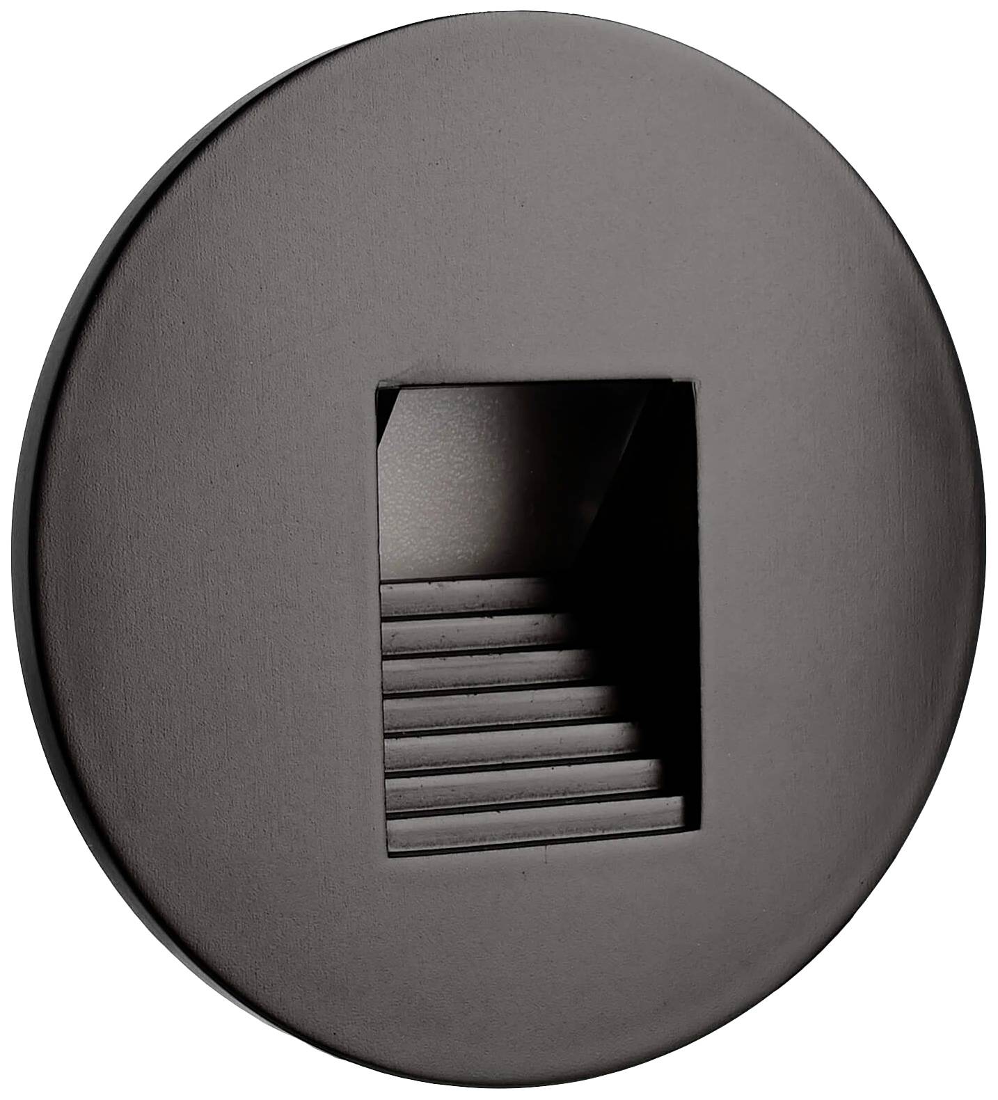 Kulatá, tmavá LED nástěnná lampa s obdélníkovým výřezem a vrstvovaným vzorem. Vhodná pro nenápadné osvětlení, minimalistický design.