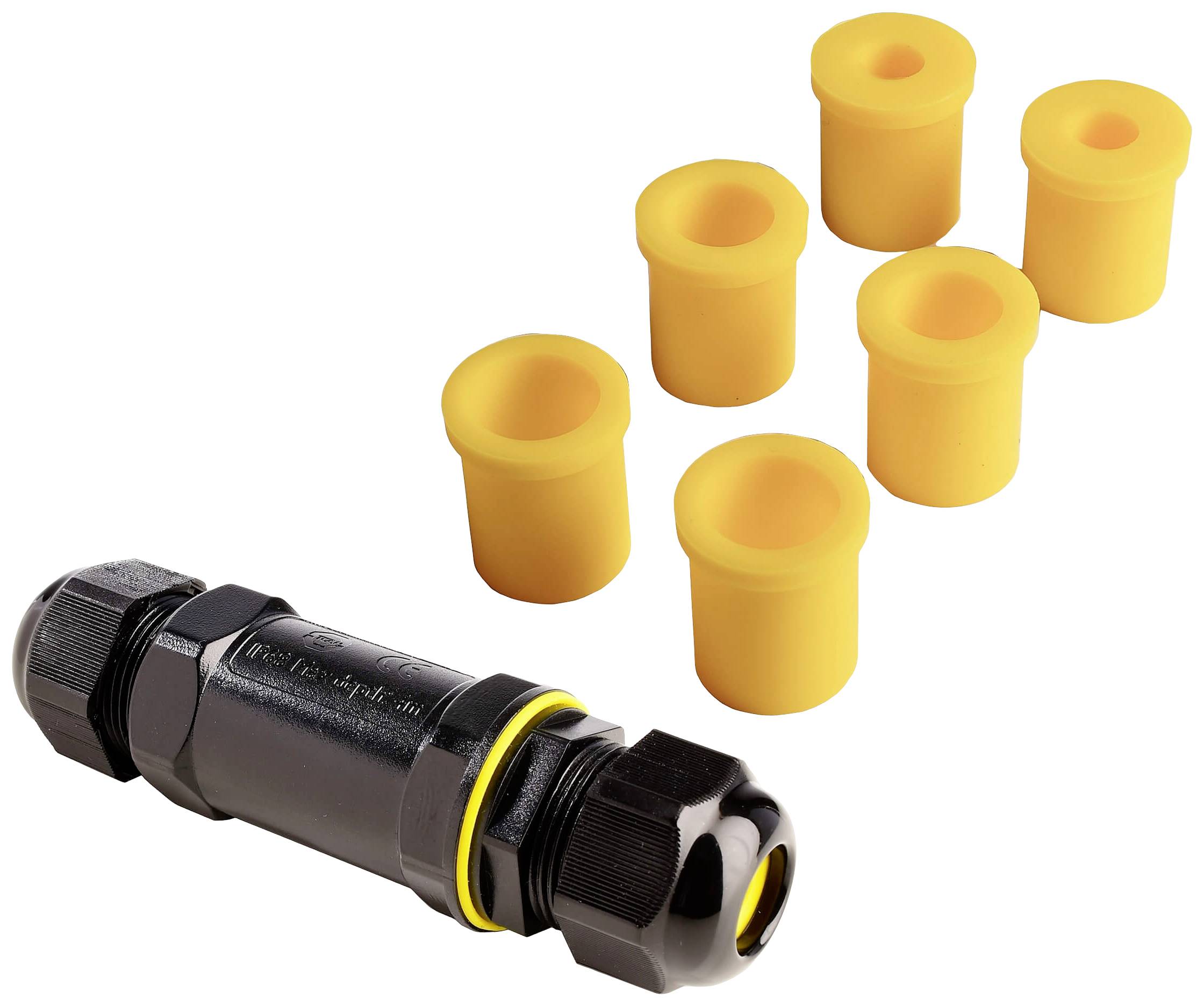 Černý kabelový konektor se šesti žlutými těsněními. Konektor má dva konce se závity pro bezpečné propojení kabelů.