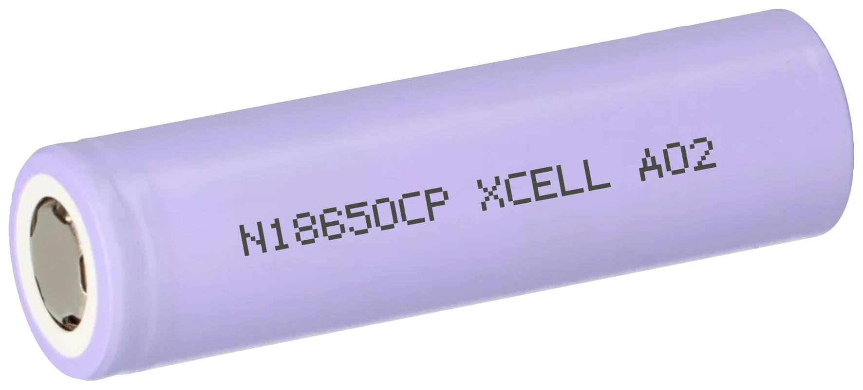 Fialový válcový akumulátor s nápisem 'N18650CP XCELL A02'.