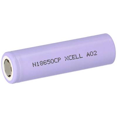 Fialový válcový akumulátor s nápisem 'N18650CP XCELL A02'.