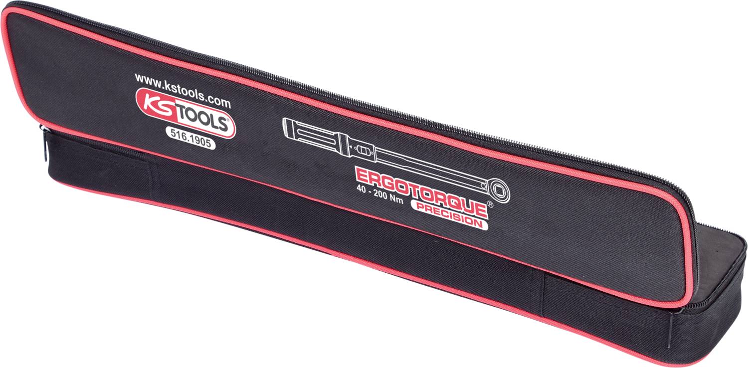 Dlouhý černý kufřík na nářadí s červeným lemováním, který nese logo 'KS Tools' a nápis 'ErgoTorque Precision'.