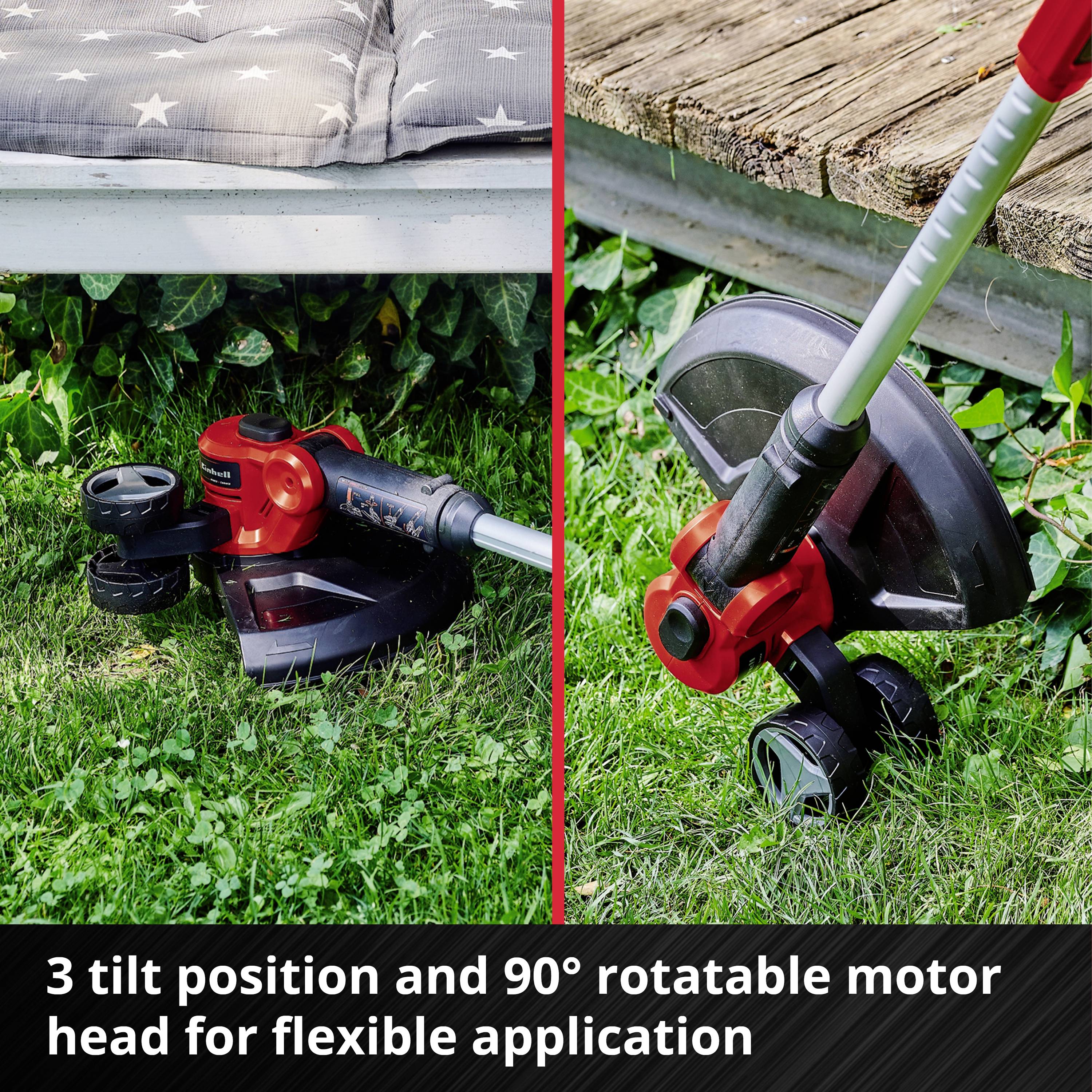 Sekačka s trojitě sklopnou a 90° otočnou motorovou hlavou pro flexibilní použití na trávníku.