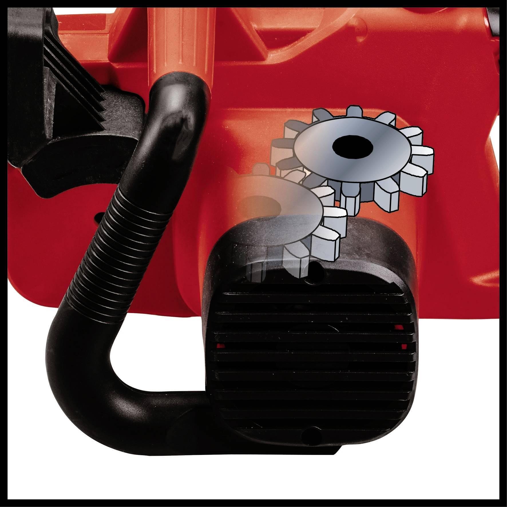 Červená strojní součástka s černou hadicí a ozubeným kolem, která ilustruje mechanickou funkci.