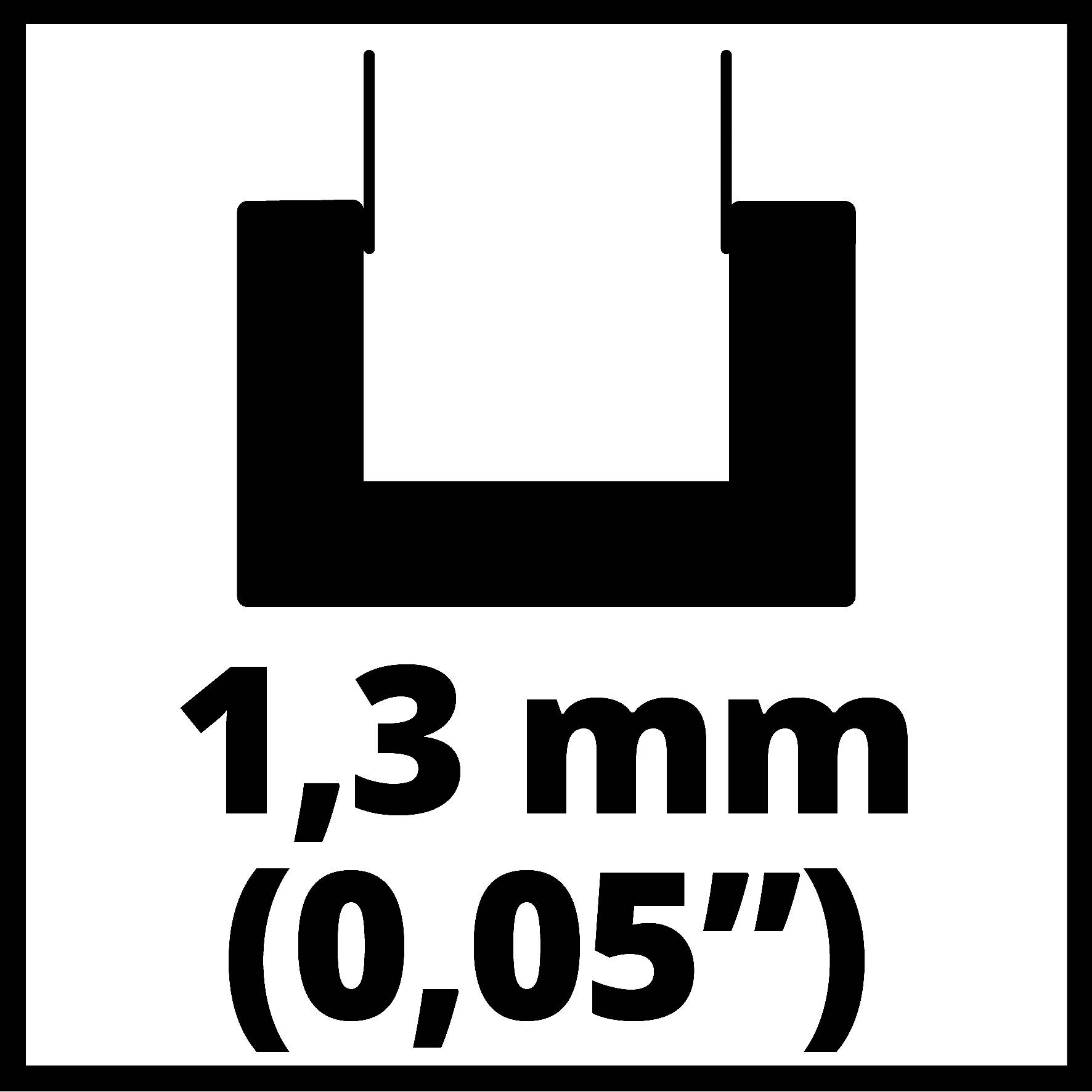 Tloušťka žehličky: 1,3 mm (0,05 palce) v černém písmu na bílém pozadí, s stylizovaným tvarem žehličky nad textem.
