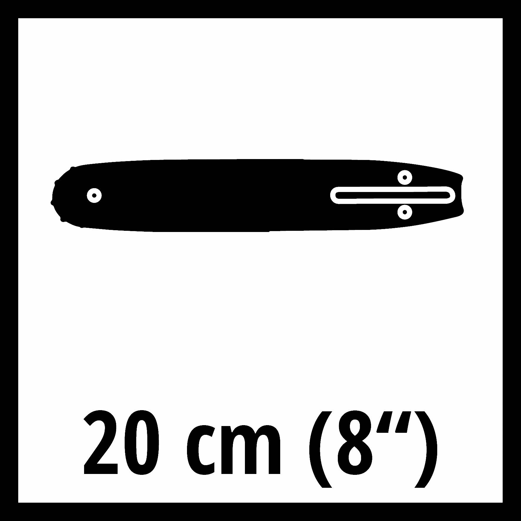Černý nůž s délkou 20 cm (8 palců) je zobrazen v technickém náčrtu.