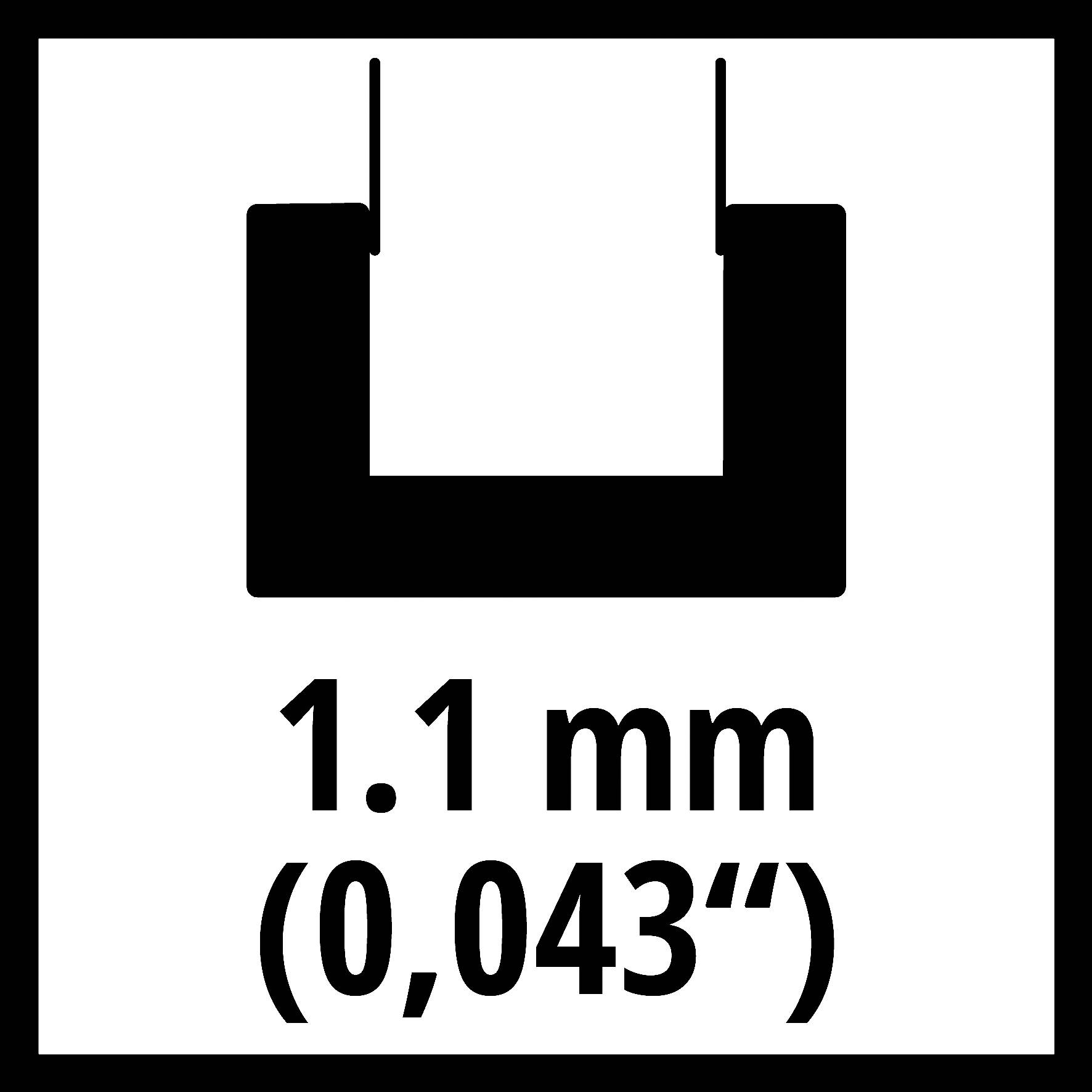 Černý U-tvarový symbol s nápisem '1,1 mm (0,043")' pod ním, který udává tloušťku.