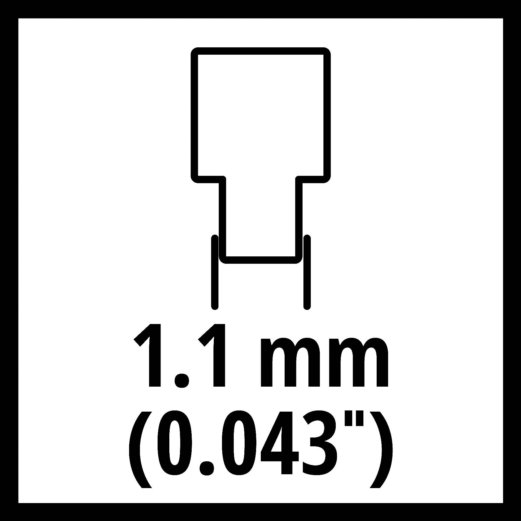 '1,1 mm (0,043")' pod schematickým znázorněním objektu.