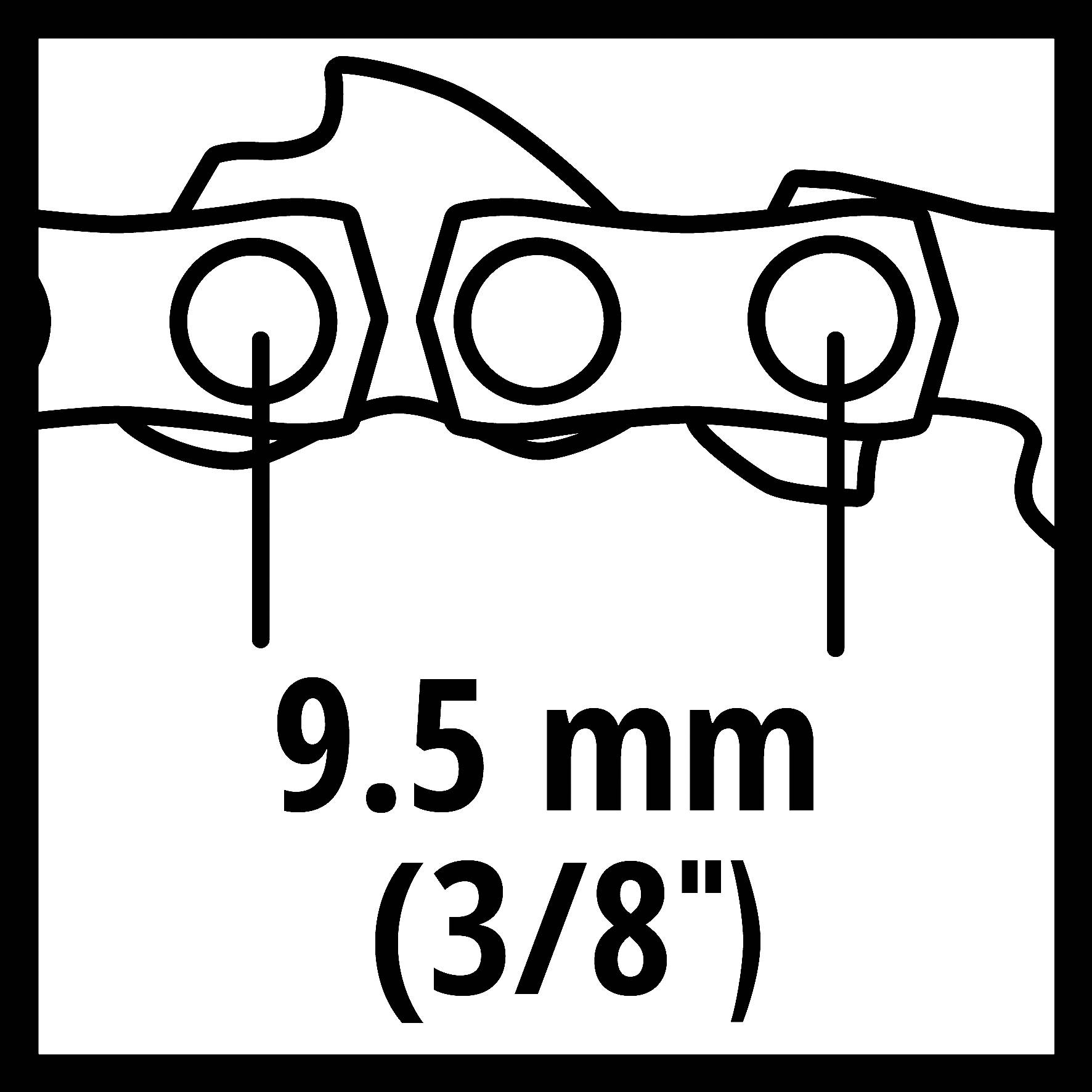 Znázornění řetězového spoje o šířce 9,5 mm (3/8 palce).