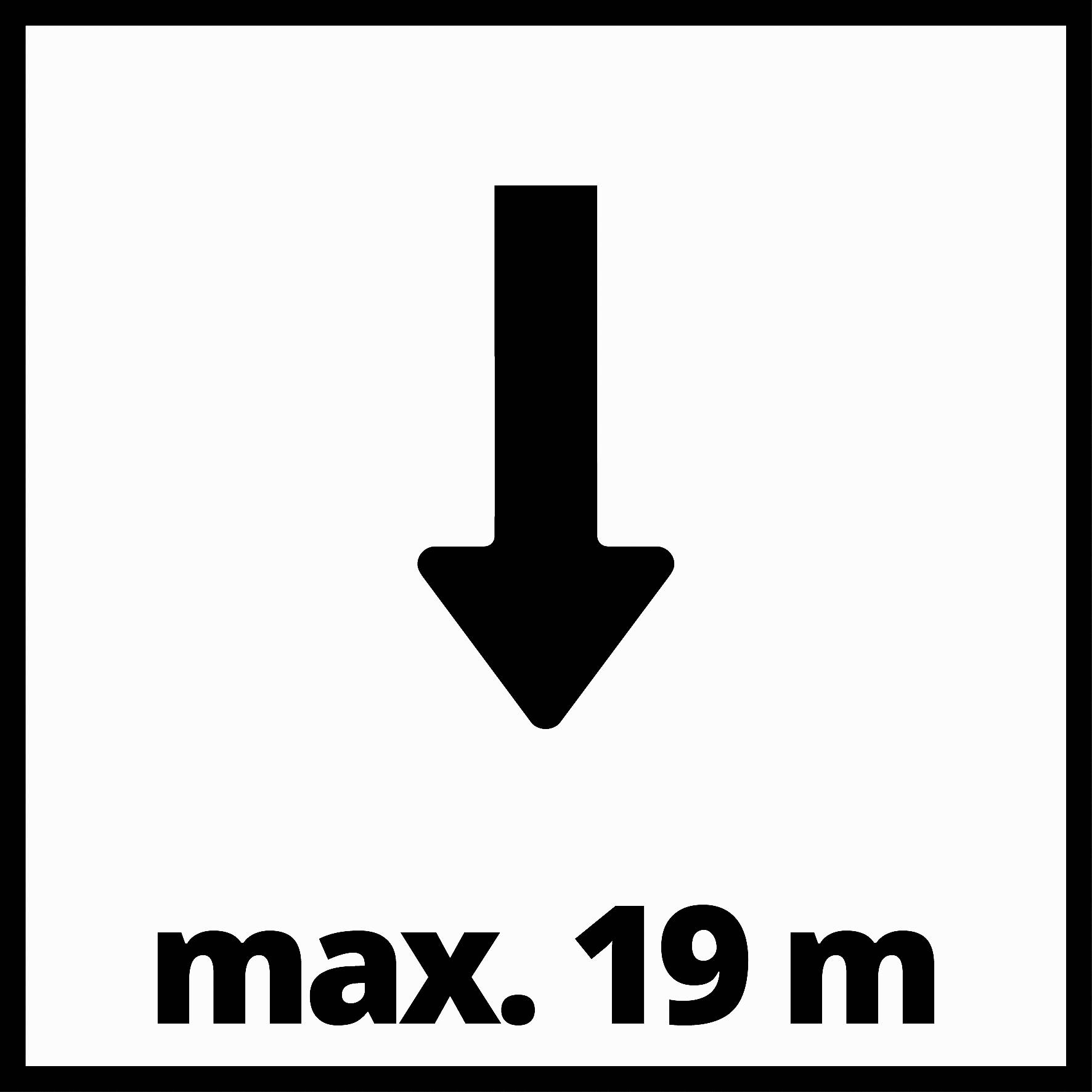 'max. 19 m' označuje maximální hloubku se šipkou směřující dolů.
