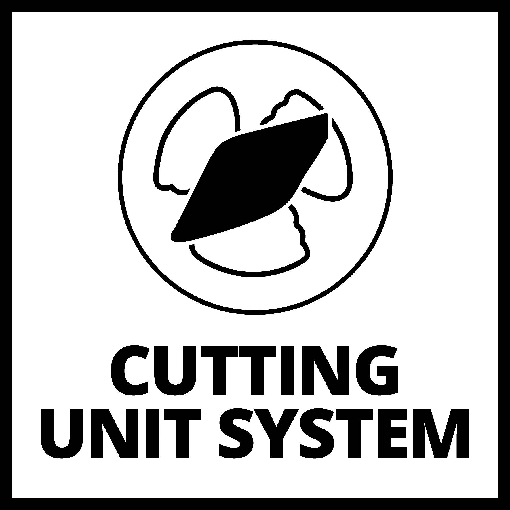 Logo systému 'Cutting Unit System' se stylizovaným nožem a chlebem.