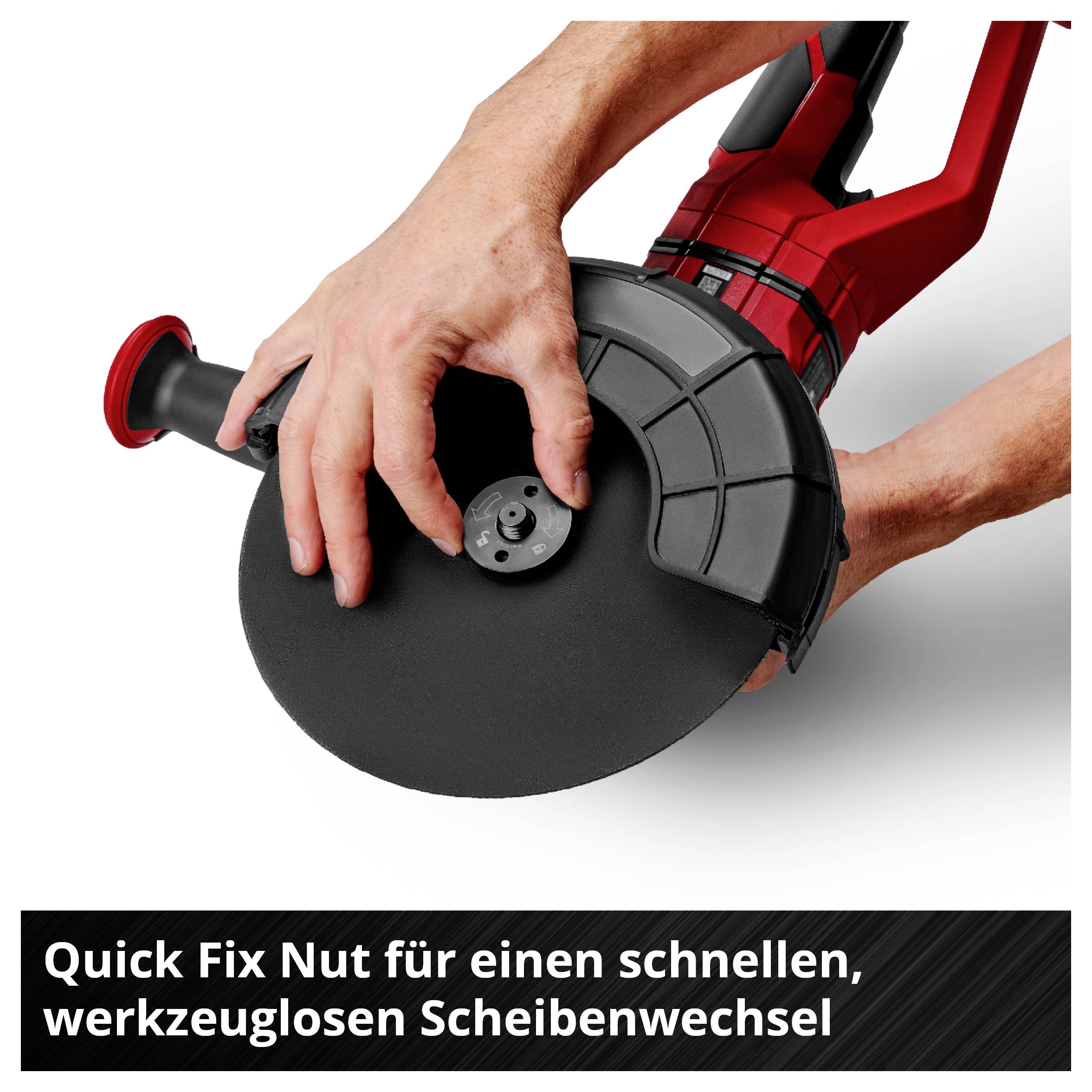 Ruce si vyměňují kotouč červené úhlové brusky s Quick-Fix maticí bez nářadí; text: "Quick Fix matice pro rychlou, bezstrojovou výměnu kotouče".