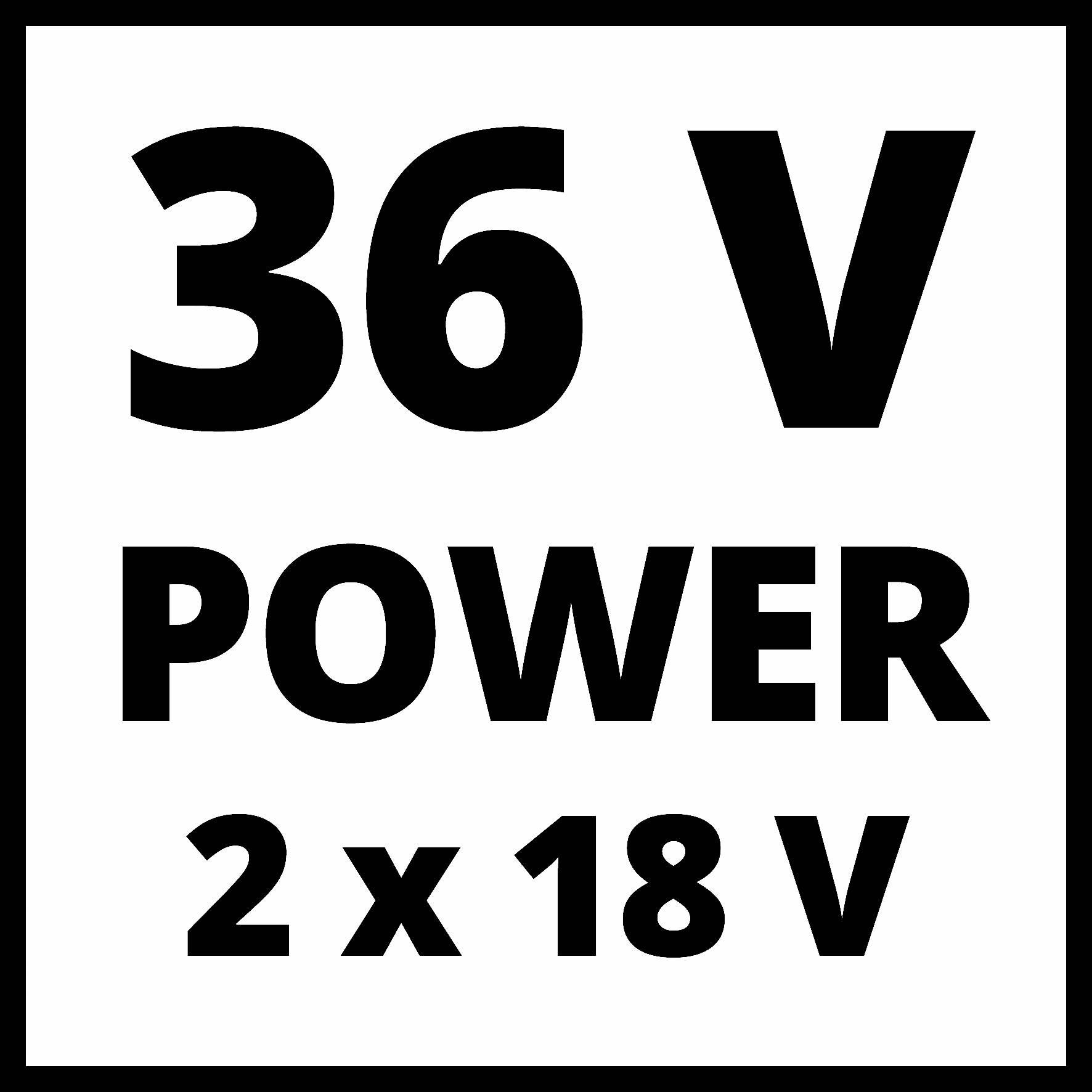 "36 V VÝKON, 2 x 18 V" černým textem na bílém pozadí, popisuje elektrický výkon s dvojitou kapacitou baterie.