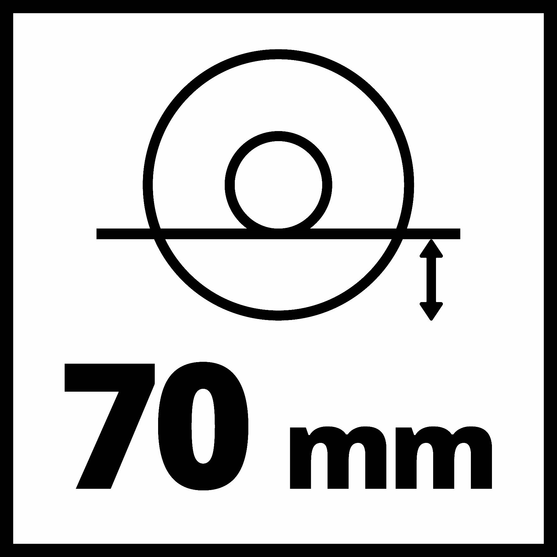 Ikona kruhu na čáře se šipkou směřující nahoru; pod ní je napsáno '70 mm'.