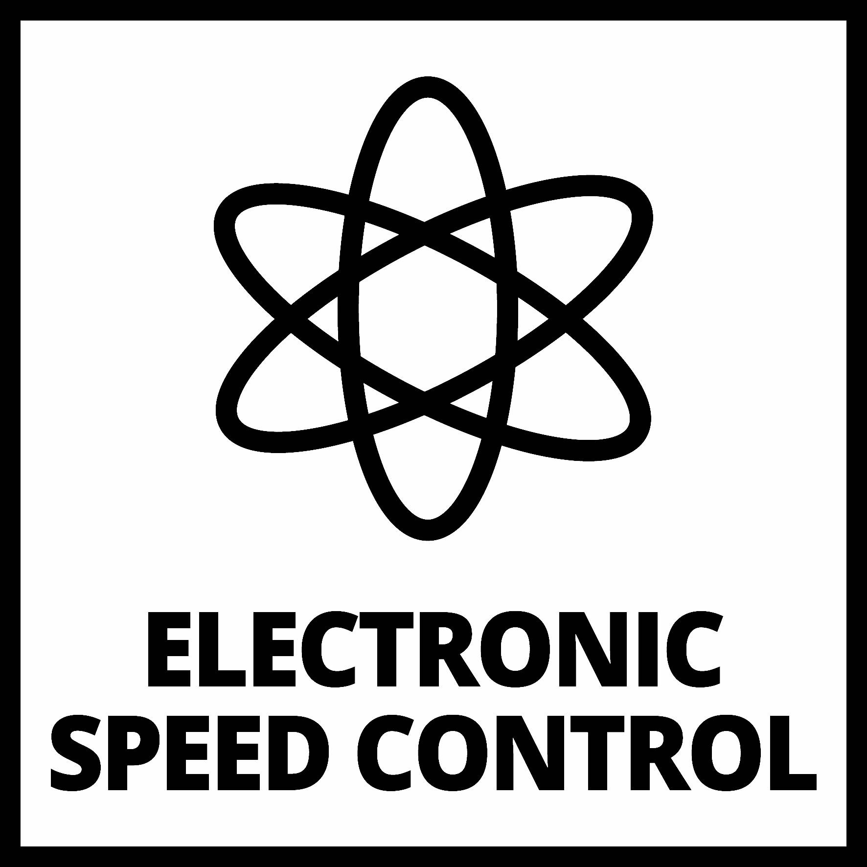 Symbol elektronické kontroly rychlosti s černou atomovou kresbou na bílém pozadí.