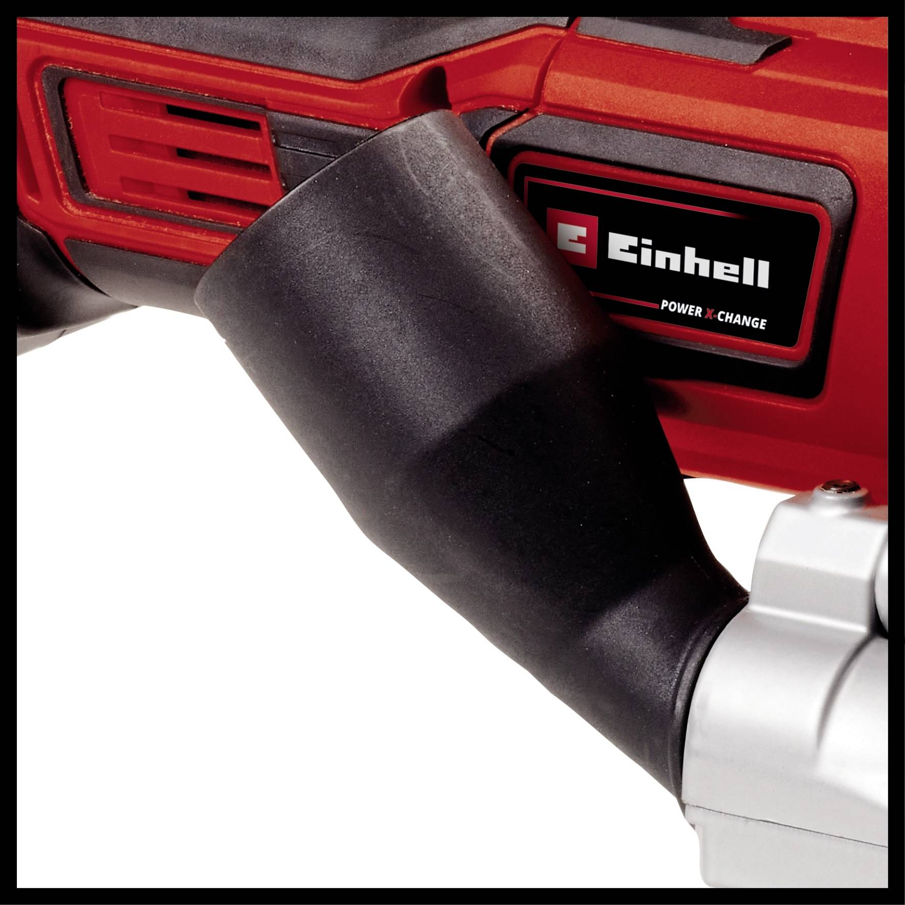 Detailní záběr červeného elektrického nástroje s nápisem 'Einhell Power X-Change', zobrazující černý ventilový výstup.