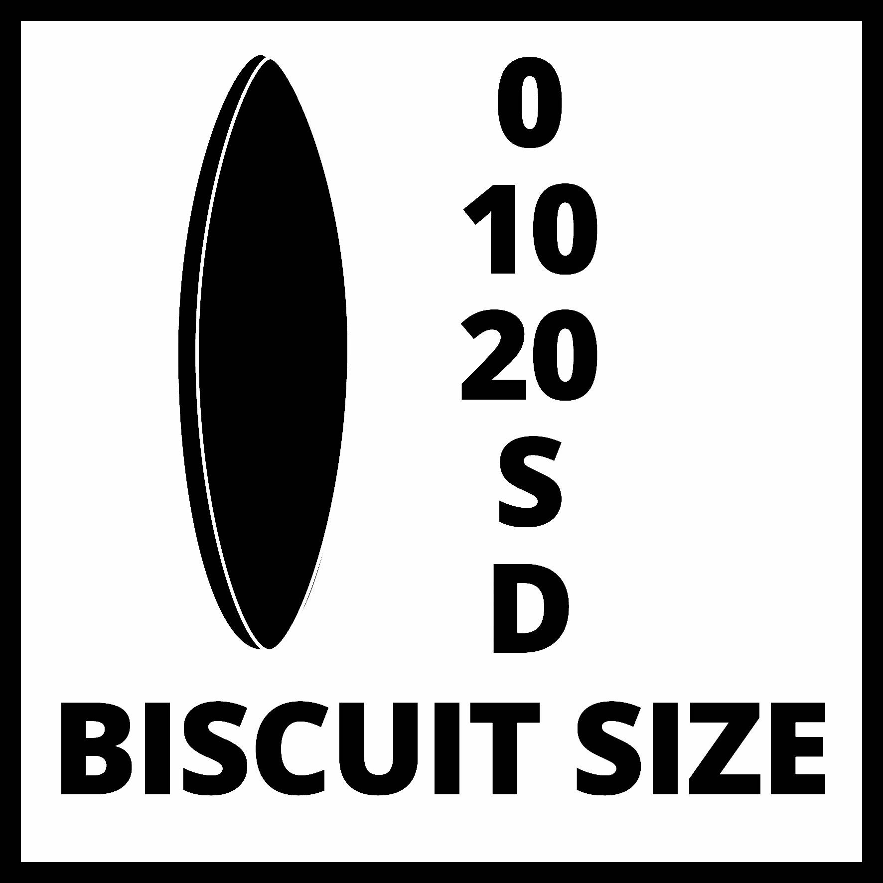 Černobílá grafika s ikonou surf desky vedle čar s popisky '0', '10', '20', 'S', 'D'. Text dole: 'VELIKOST SUŠENKY'.